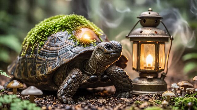 Turtle Walking Through Forest Next to Lantern for Fantasy Story