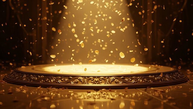 Golden podium illuminated by falling sparkling particles in a spotlight