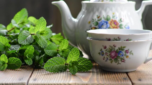 Aromatic fresh mint sprigs alongside floral-decorated white porcelain teaware arranged on a textured wooden surface, creating a tranquil scene