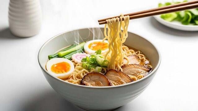 A close-up of steaming, traditional Japanese ramen with savory chashu pork, perfectly soft-boiled eggs, nori, narutomaki, and green onions being lifted by chopsticks.