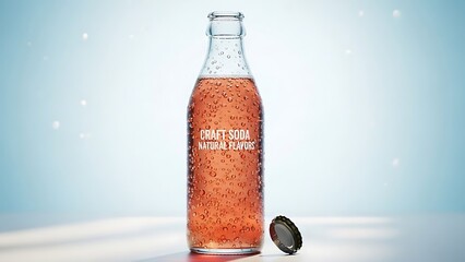 A sweating, clear glass bottle of pink "Craft Soda, Natural Flavors" stands on a bright surface with its cap beside it, featuring condensation and bubbles.