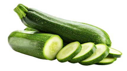 Two piles of zucchinis side by side, one whole and one sliced on transparent background