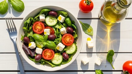 A fresh and colorful Mediterranean salad featuring mixed greens, cucumbers, tomatoes, olives, and feta cheese, drizzled with olive oil.