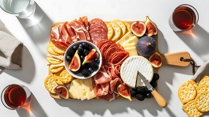 An elegant charcuterie board featuring brie, cheese slices, prosciutto, salami, crackers, figs, and blackberries, ready for entertaining.