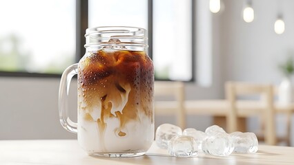 A refreshing, cold iced coffee with a creamy milk swirl in a mason jar mug, surrounded by ice cubes on a cafe table.
