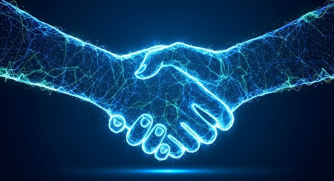 Digital handshake illustration representing technology and partnership concept
