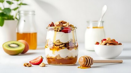 A beautiful glass jar layered with yogurt, granola, nuts, fruit, and drizzled with honey, surrounded by fresh ingredients, set against a bright, white background.