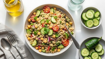 An overhead shot of a vibrant, healthy couscous salad with chickpeas, cherry tomatoes, and cucumber, served in a white bowl with olive oil nearby.
