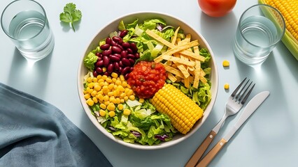 An overhead view of a vibrant Mexican-style salad or burrito bowl with corn, kidney beans, salsa, and tortilla strips on a bed of lettuce.