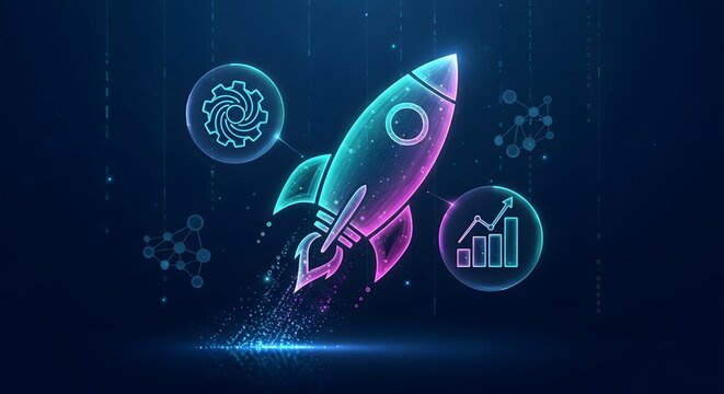 Digital illustration of a glowing rocket launching with abstract tech icons