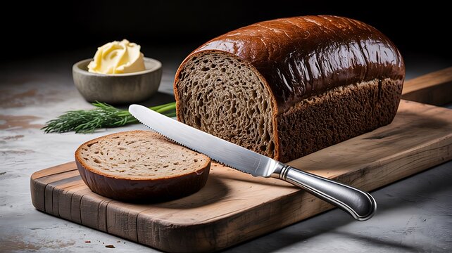 Fresh loaf of bread sliced on wooden board with butter in rustic kitchen setting
 - Powered by Adobe