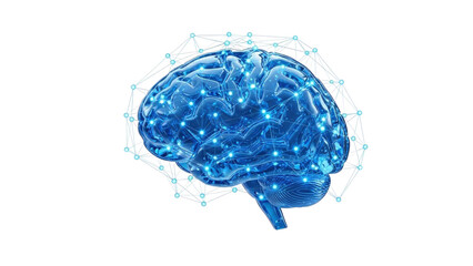 Blue Glass 3D AI Brain with Glowing Connections, isolated on white