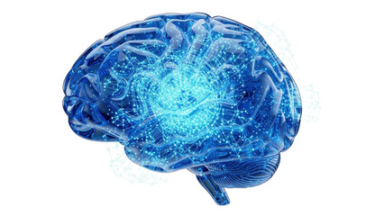 Blue Glass 3D AI Brain with Glowing Connections, isolated on white