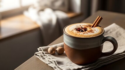 A cozy ceramic mug filled with a latte topped with star anise, cinnamon sticks, and sprinkled with spice, sitting on a napkin by a sunlit window.