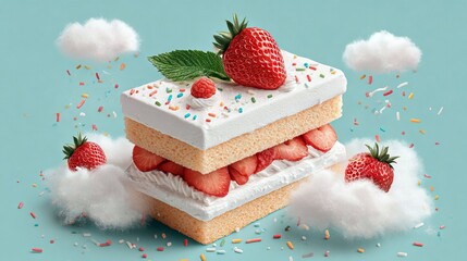 A delicious strawberry shortcake with whipped cream, strawberries, sprinkles, and cotton candy clouds on a blue background. Sweet dessert concept.