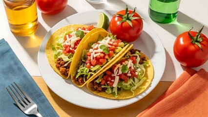 Two hard-shell beef tacos topped with shredded lettuce, cheese, and diced tomatoes, served on a white plate with whole tomatoes and beverages.