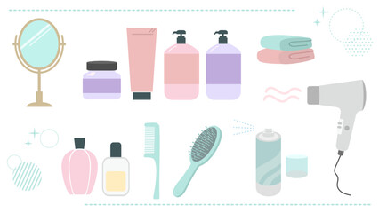 ヘアケアグッズのイラスト素材セット／卓上ミラー・シャンプー・ドライヤーなど