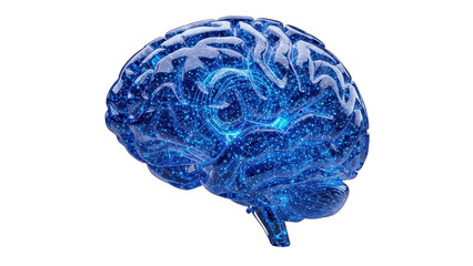 Blue Glass 3D AI Brain with Glowing Connections, isolated on white