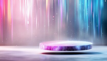 A futuristic stage floats in a vibrant, colorful environment with abstract light streaks and particles, creating a dynamic and ethereal atmosphere.