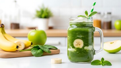 A vibrant green detox smoothie made with spinach, banana, and apple in a jar, decorated with mint and a straw, standing on a bright white kitchen counter.