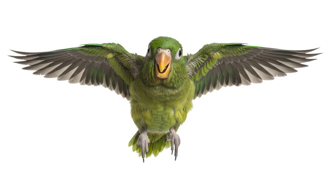 Green parakeet flapping wings viewed from below isolated PNG with Transparent Background