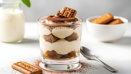 A decadent, creamy tiramisu dessert is layered beautifully in a glass, dusted with cocoa powder and topped with a decorative biscuit, set against a soft, bright background.