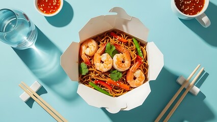 An overhead view of Asian-style stir-fried noodles with four large shrimp, vegetables, and cilantro, served in a classic take-out box on a bright blue surface with chopsticks and sauces.