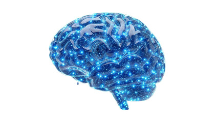 Blue Glass 3D AI Brain with Glowing Connections, isolated on white