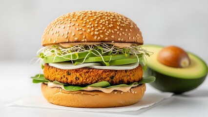 A delicious, fresh veggie burger with a savory patty, avocado slices, sprouts, and creamy sauce on a sesame bun, promoting healthy eating.