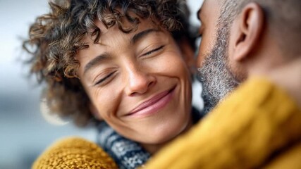 Whispers of Love's Embrace: An intimate scene unfolds as a couple shares a tender moment. A smile dances on the woman's face as the man whispers gently. - Powered by Adobe