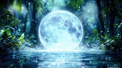 A large, glowing moon illuminates a mystical forest scene. The moon reflects in the water, creating a magical and ethereal atmosphere.