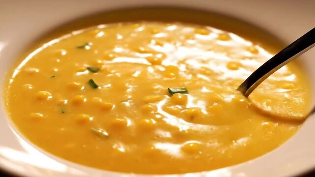 Hearty Creamy Corn Chowder Soup Served in a White Bowl with Spoon Close-up Macro Shot of Comfort Food