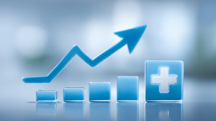 A healthcare growth concept illustrated with rising bars and an upward arrow, symbolizing improved medical outcomes, expanding services and advancing healthcare performance over time.
