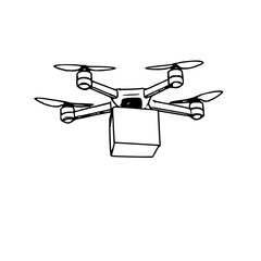 Drone Delivery Concept Line Art. Modern drone with package outline representing fast delivery, logistics, and technology.