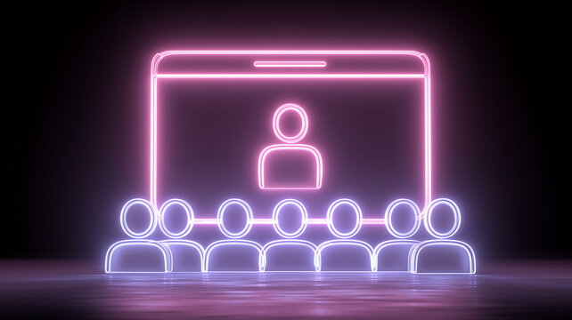 A neon seminar concept showing a virtual presenter and audience to symbolize digital communication learning and modern teamwork.
