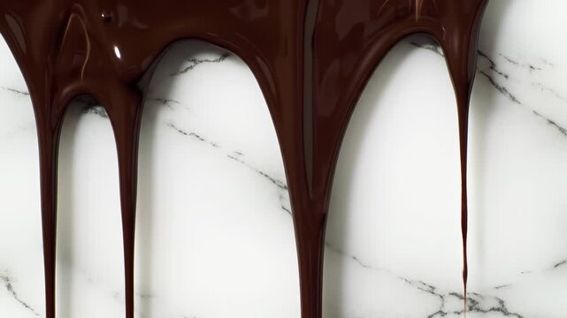 Close-up view of rich, dark brown liquid cascading down over a white surface with subtle grey veining. The liquid has a glossy shine