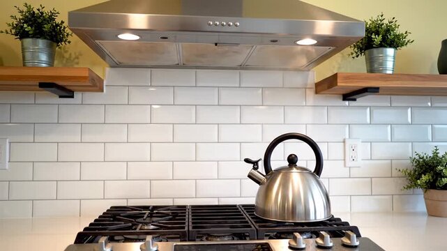 Modern kitchen interior stainless steel kettle gas stovetop white subway tile backsplash wooden shelves home design