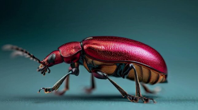 Close-up profile shot of a red beetle with brown underbelly on a teal background