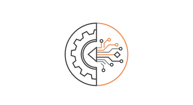 Outline icon showing a half gear connected to a half circuit board with an arrow pointing into the digital section, indicating data input