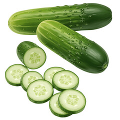 Fresh green cucumbers whole and sliced on a black background