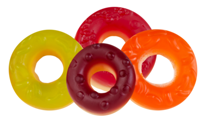 vibrant assortment of colorful fruit-flavored gummy rings stacked and grouped closely together, featuring red, yellow, orange, and dark cherry flavors.
