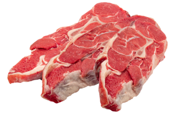 freshly cut raw chuck steaks or beef neck slices stacked for grilling or stewing, highlighting the lean muscle and white fatty marbling.