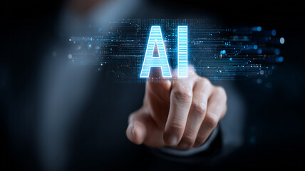 A symbolic gesture where a fingertip activates an AI interface, representing digital transformation, smart decision systems and enhanced human machine collaboration.
