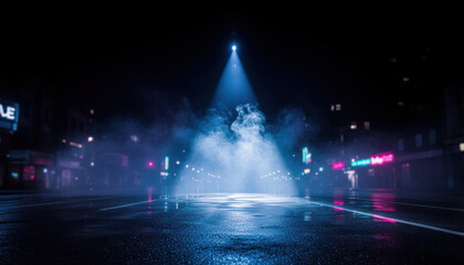 Blue spotlight background mist rises above wet asphalt reflecting neon lights at night creating moody urban atmosphere with distant blurred storefronts and empty street Background Concept