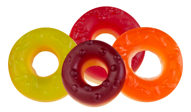 vibrant assortment of colorful fruit-flavored gummy rings stacked and grouped closely together, featuring red, yellow, orange, and dark cherry flavors.