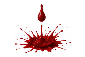 Red paint drop splashing on transparent background with dynamic liquid movement and dramatic impact effect