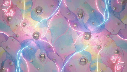 Dreamy background with pastel abstract shapes iridescent texture neon line reflections and metallic spheres evoking whimsical futuristic mood Background Concept