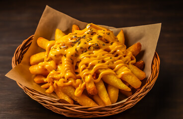 A basket of crispy golden fries drenched in creamy cheese sauce and sprinkled with herbs, served on rustic parchment.