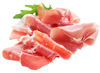 close-up photograph of delicate, thinly sliced italian prosciutto crudo or cured parma ham neatly folded and garnished with fresh green arugula leaves.