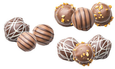 collection of luxurious round chocolate truffles grouped in dynamic clusters, featuring a mix of milk chocolate stripes, white drizzles, and crushed nut toppings.